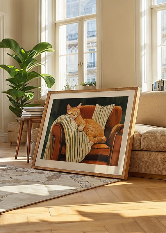 A cat sleeps peacefully in an armchair with a striped blanket-12