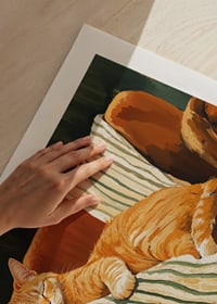 A cat sleeps peacefully in an armchair with a striped blanket-9
