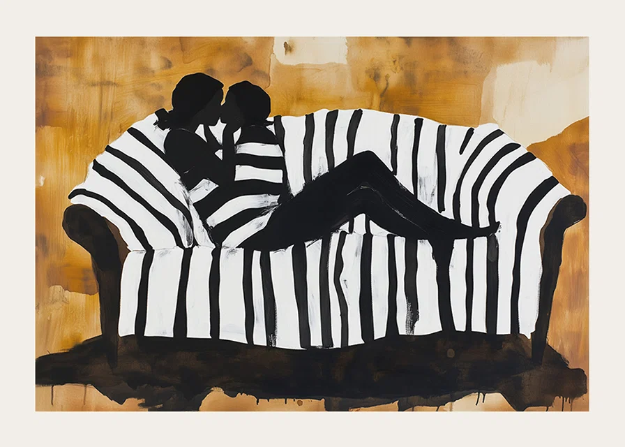 A soft portrait of the intimacy of love on a striped sofa-12