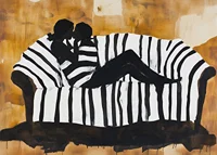A soft portrait of the intimacy of love on a striped sofa-7