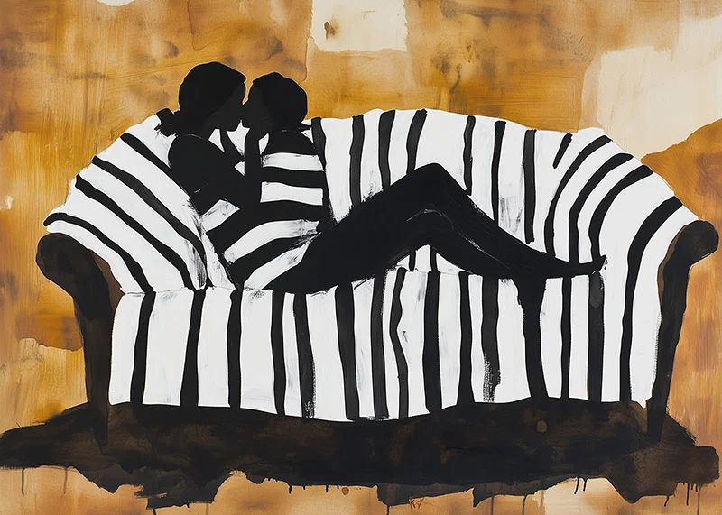 A soft portrait of the intimacy of love on a striped sofa-12