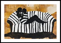 A soft portrait of the intimacy of love on a striped sofa-0
