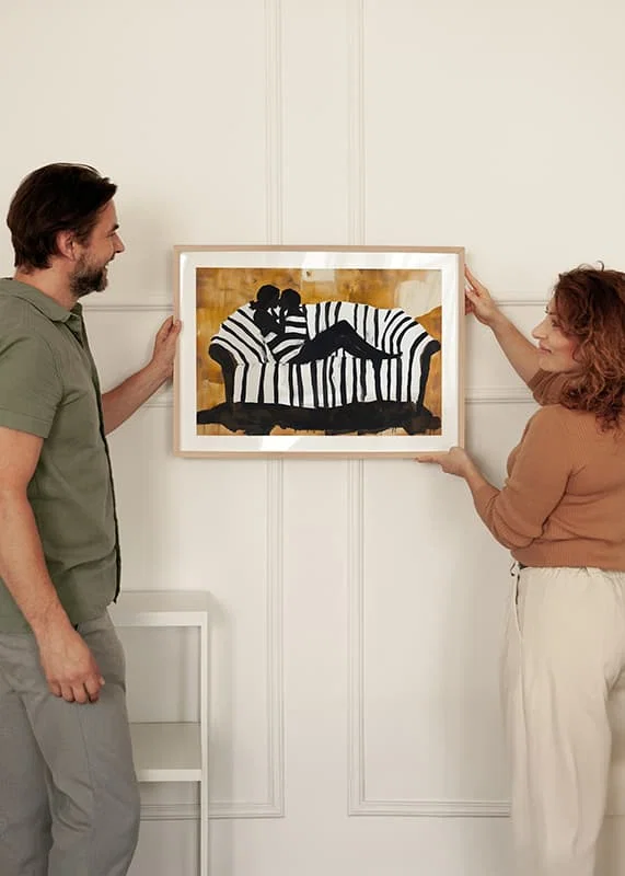A soft portrait of the intimacy of love on a striped sofa-12