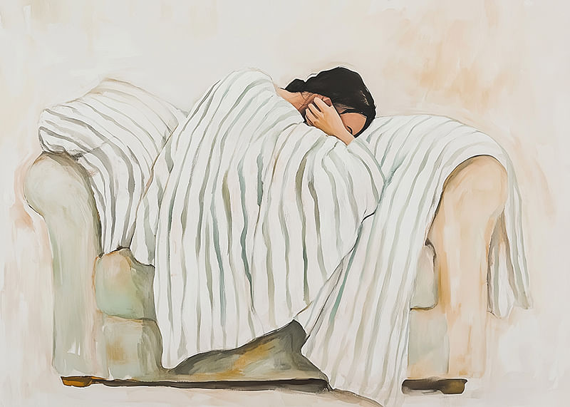 Une personne enveloppée dans une couverture rayée sur un fauteuil respire le calme et l'introspection-12
