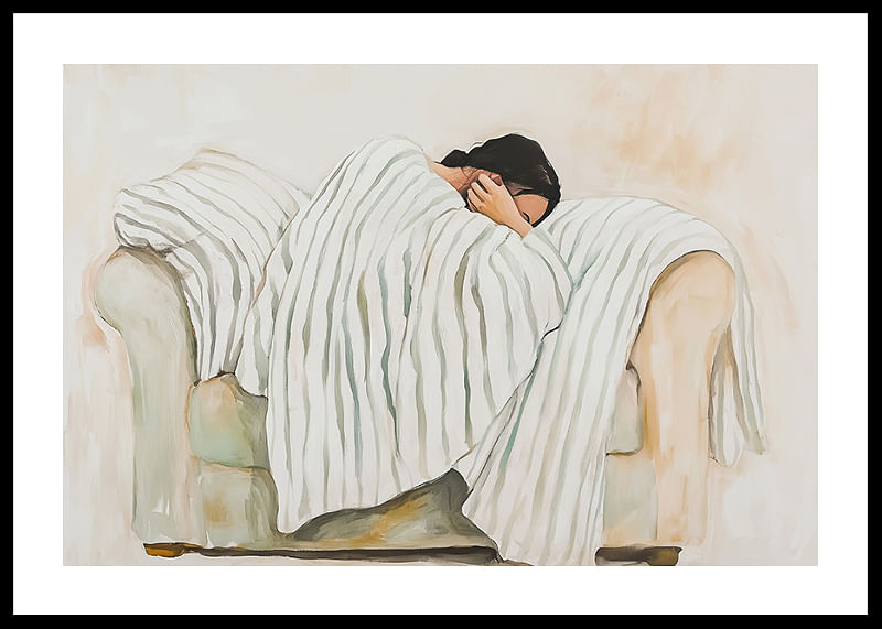 Une personne enveloppée dans une couverture rayée sur un fauteuil respire le calme et l'introspection-12