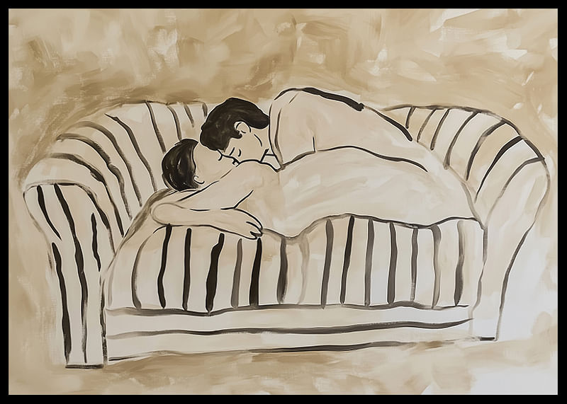 Two lovers in a tender embrace on a striped sofa-12