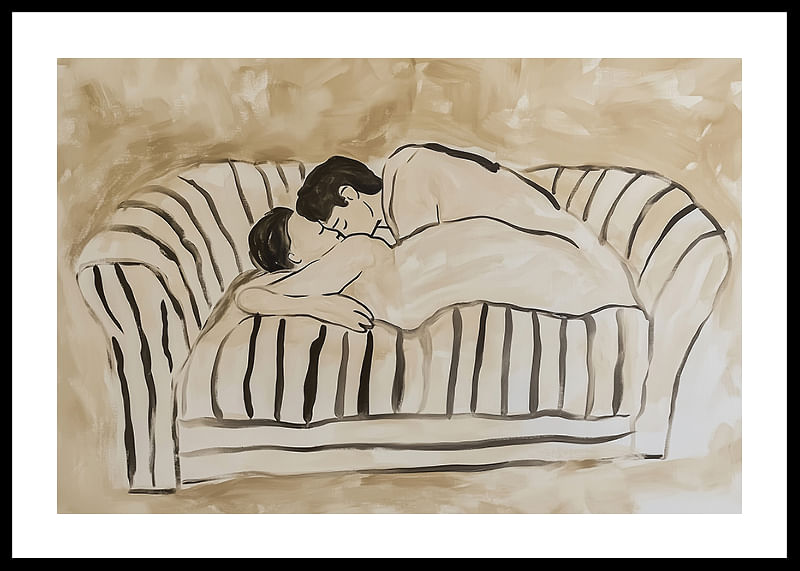 Two lovers in a tender embrace on a striped sofa-12