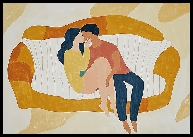 A loving couple rests on a stylized sofa in soft tones-12
