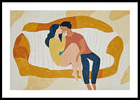 A loving couple rests on a stylized sofa in soft tones-0