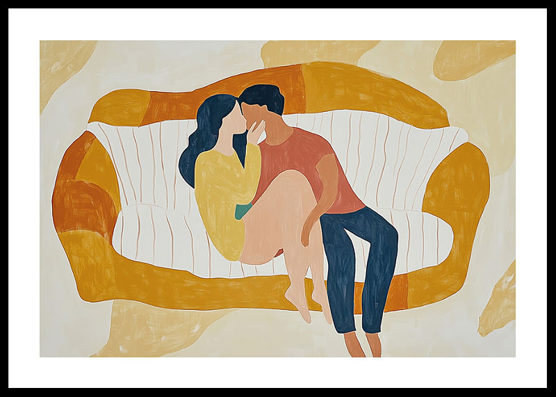 A loving couple rests on a stylized sofa in soft tones-12