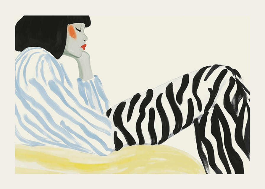 Grafiskt porträtt med zebraränder och mjuka färgtoner-12