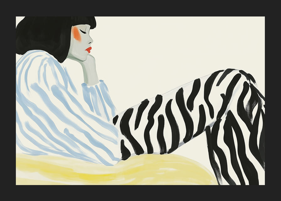 Grafiskt porträtt med zebraränder och mjuka färgtoner-12