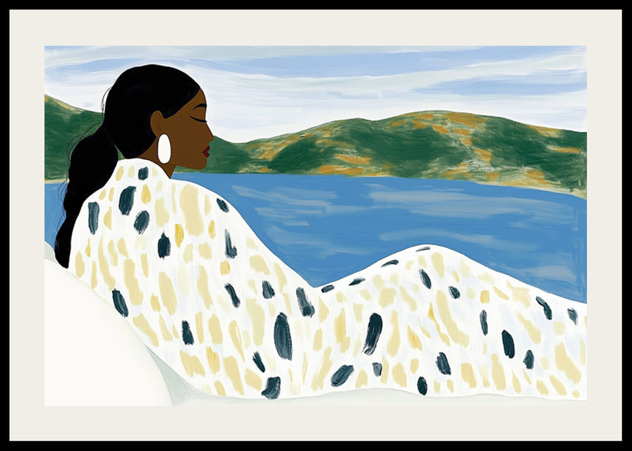 Una mujer descansa junto a un tranquilo lago de colores suaves.-12