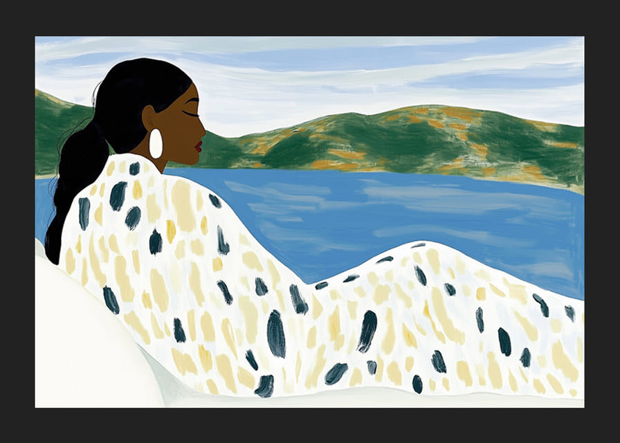 Una mujer descansa junto a un tranquilo lago de colores suaves.-12