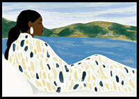 A woman rests by a peaceful lake with soft colors-6