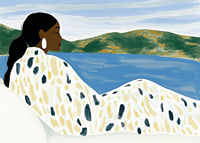 A woman rests by a peaceful lake with soft colors-7