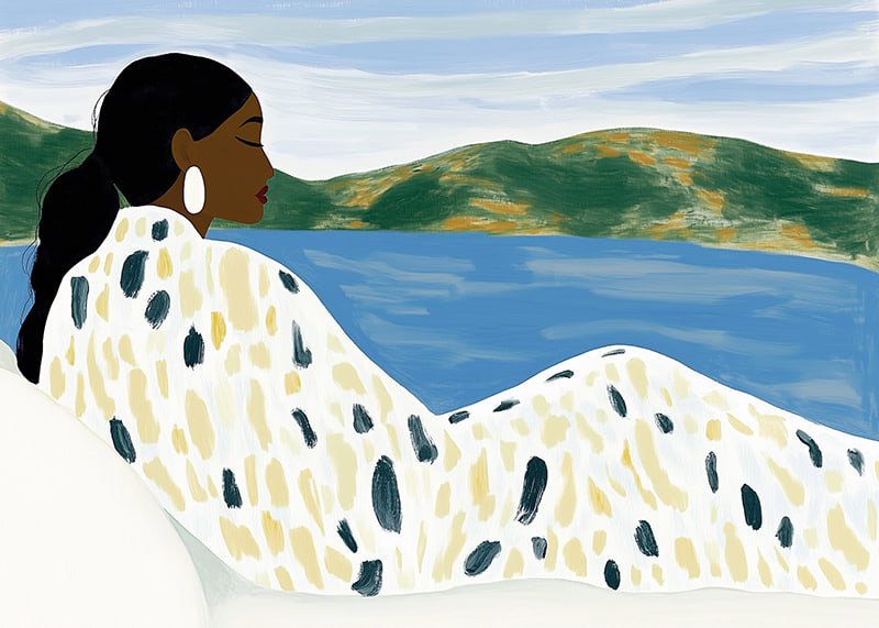 A woman rests by a peaceful lake with soft colors-12