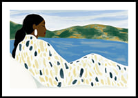 A woman rests by a peaceful lake with soft colors-0