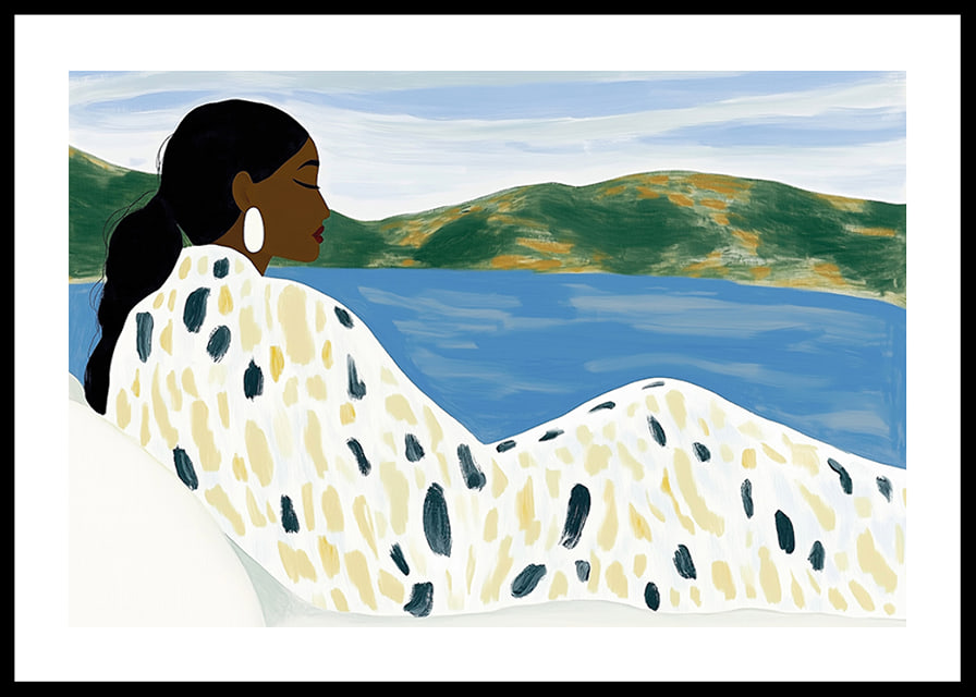 A woman rests by a peaceful lake with soft colors-12