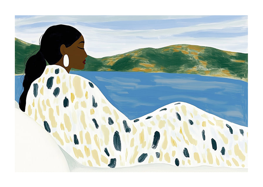 A woman rests by a peaceful lake with soft colors-12