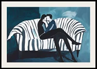 Two people in an intimate embrace on a striped sofa-2