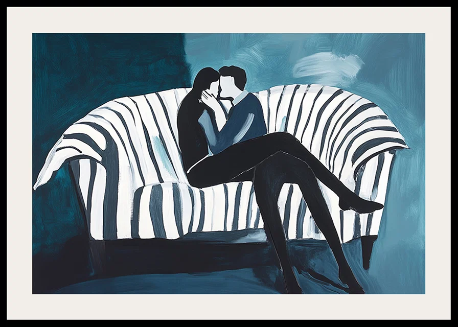 Two people in an intimate embrace on a striped sofa-12