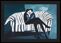 Two people in an intimate embrace on a striped sofa-4
