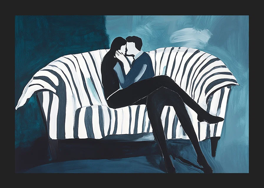 Two people in an intimate embrace on a striped sofa-12