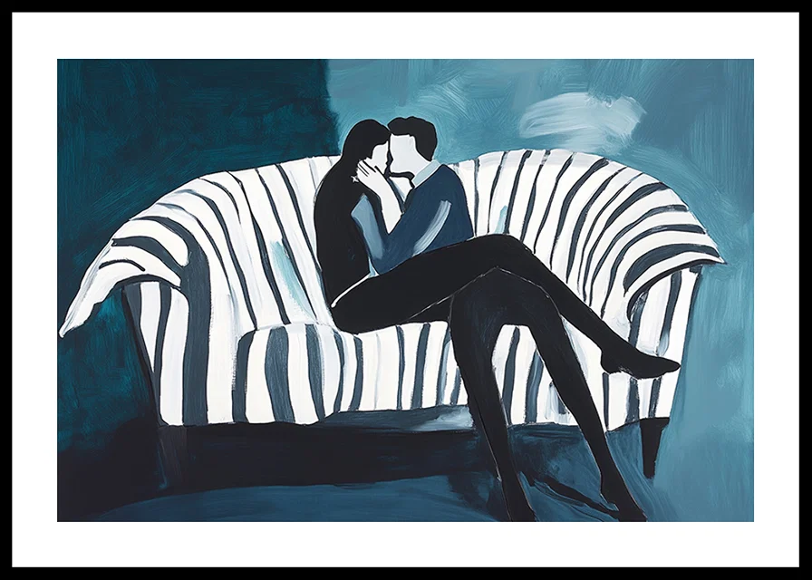 Two people in an intimate embrace on a striped sofa-12