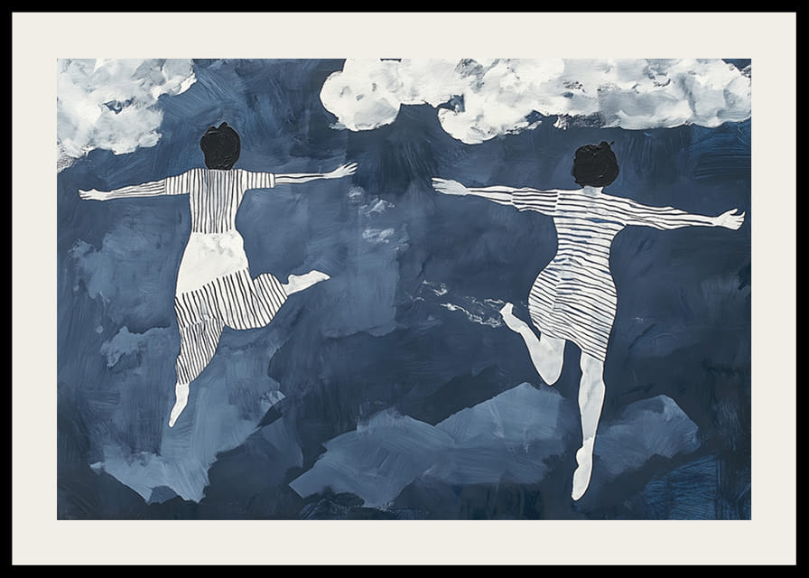 Dos figuras flotan libremente entre las nubes en un cielo de ensueño.-12