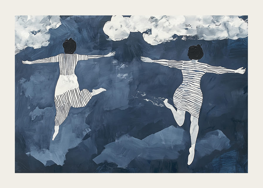 Dos figuras flotan libremente entre las nubes en un cielo de ensueño.-12