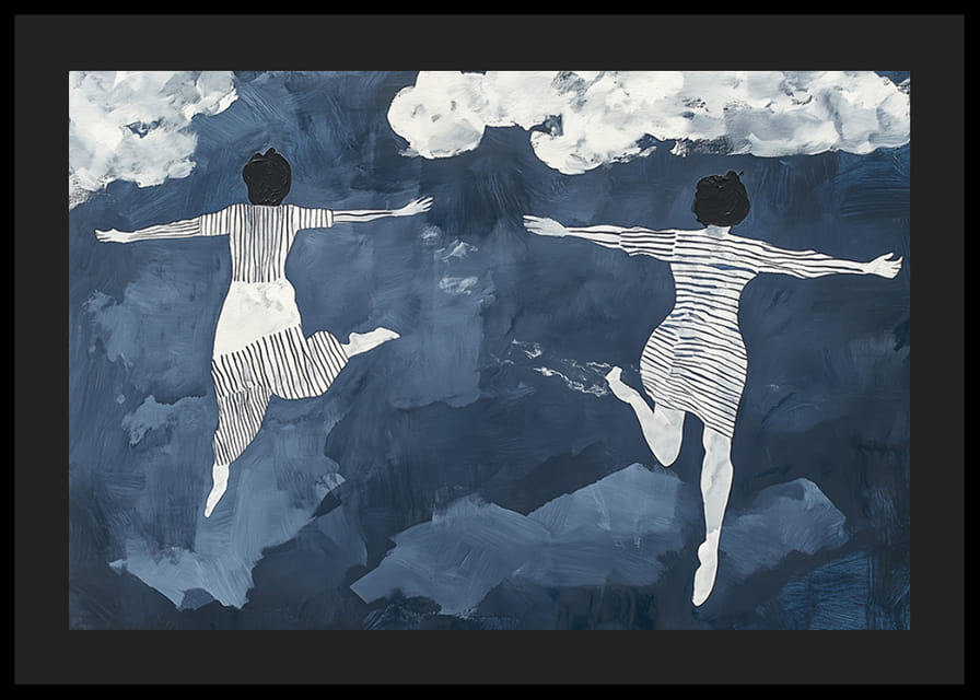 Dos figuras flotan libremente entre las nubes en un cielo de ensueño.-12