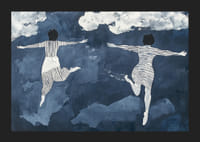 Dos figuras flotan libremente entre las nubes en un cielo de ensueño.-5