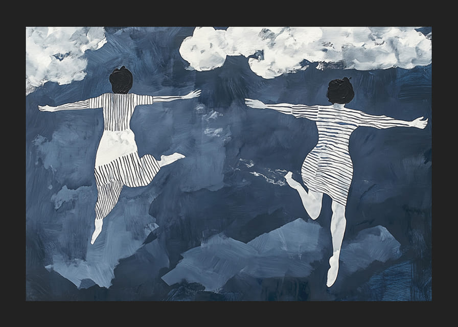 Dos figuras flotan libremente entre las nubes en un cielo de ensueño.-12