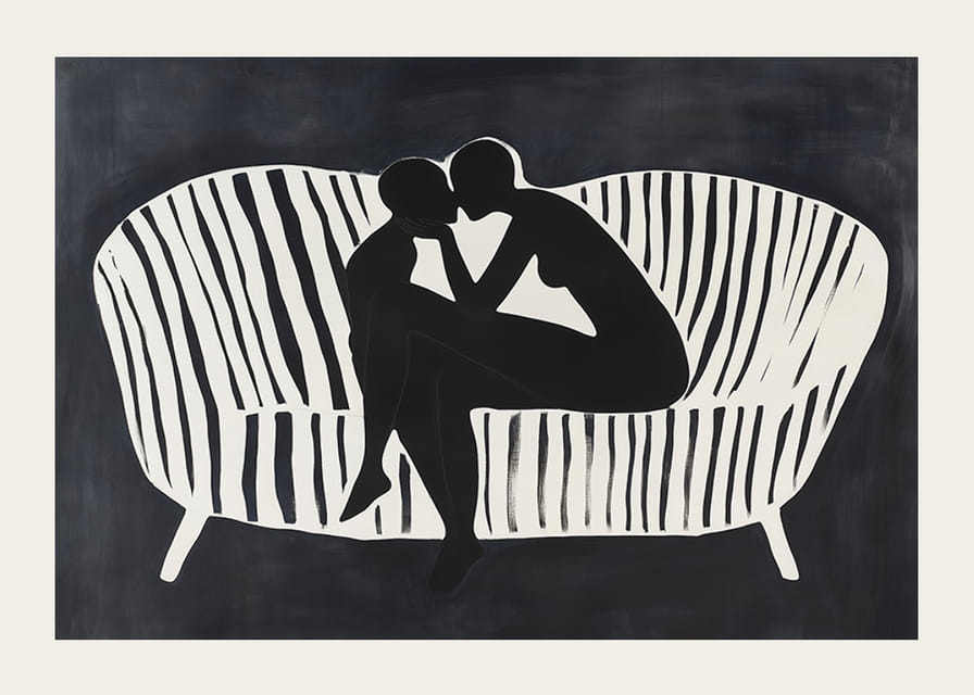 Twee silhouetten in een omhelzing op een witgestreepte bank-12