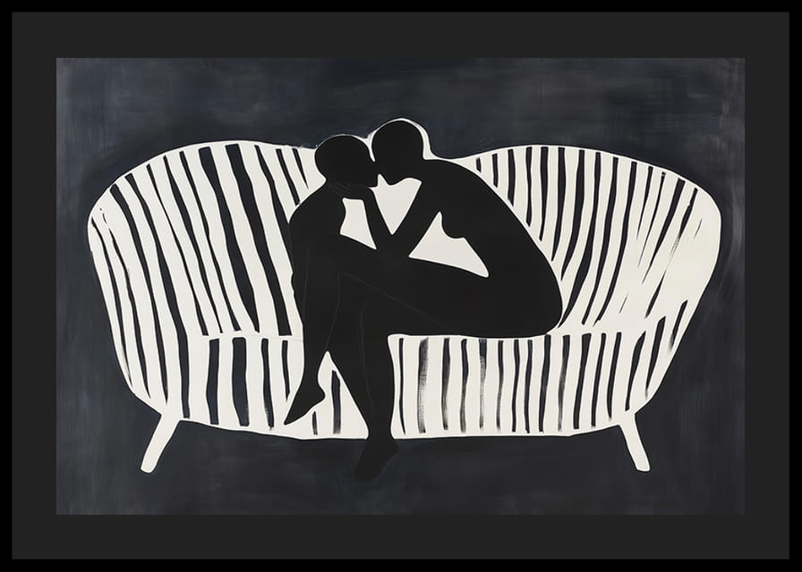 Twee silhouetten in een omhelzing op een witgestreepte bank-12