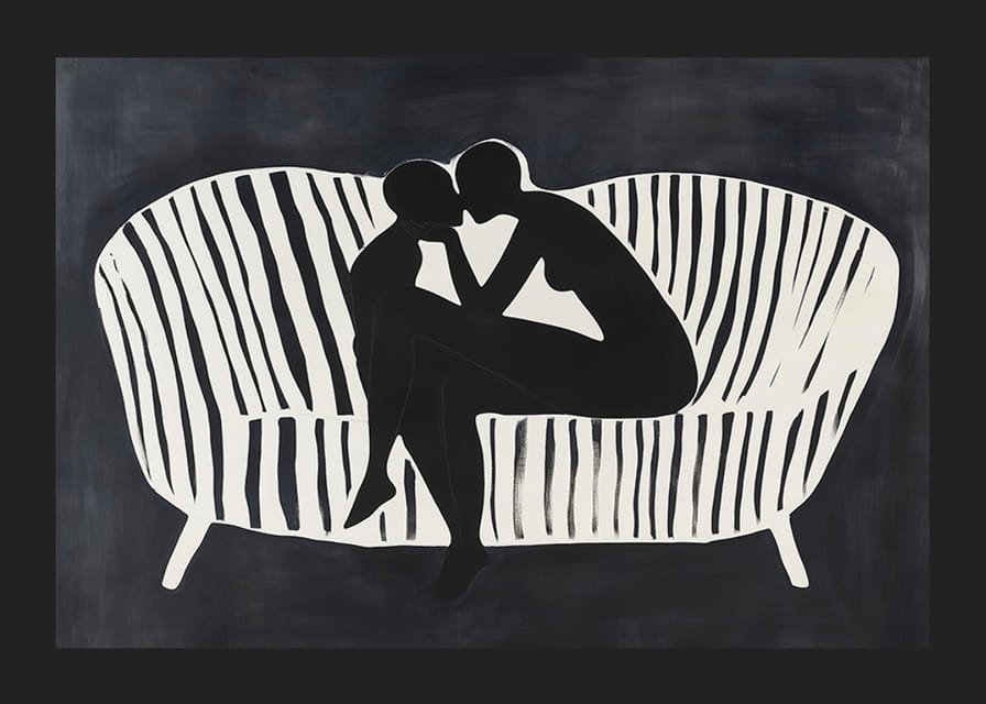 Twee silhouetten in een omhelzing op een witgestreepte bank-12