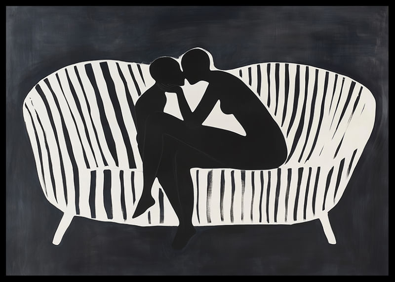 Twee silhouetten in een omhelzing op een witgestreepte bank-12