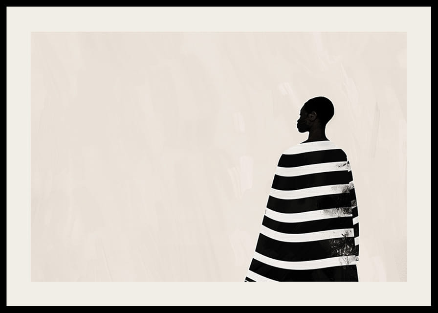 A silhouette wrapped in black and white stripes against a creamy background-12