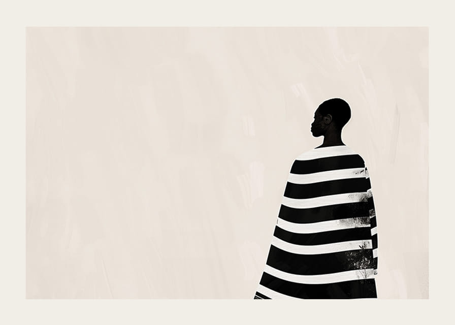 A silhouette wrapped in black and white stripes against a creamy background-12