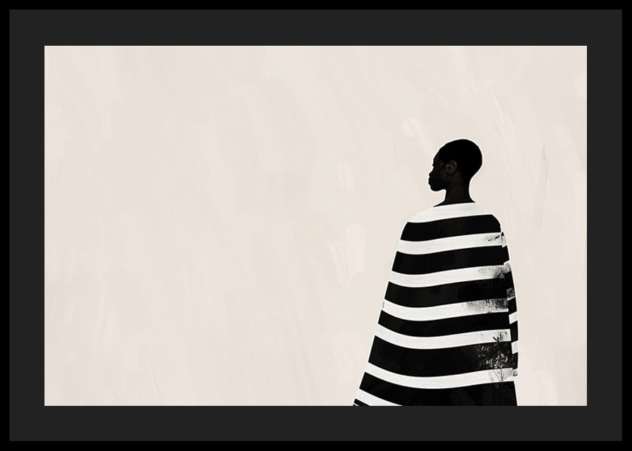 A silhouette wrapped in black and white stripes against a creamy background-12