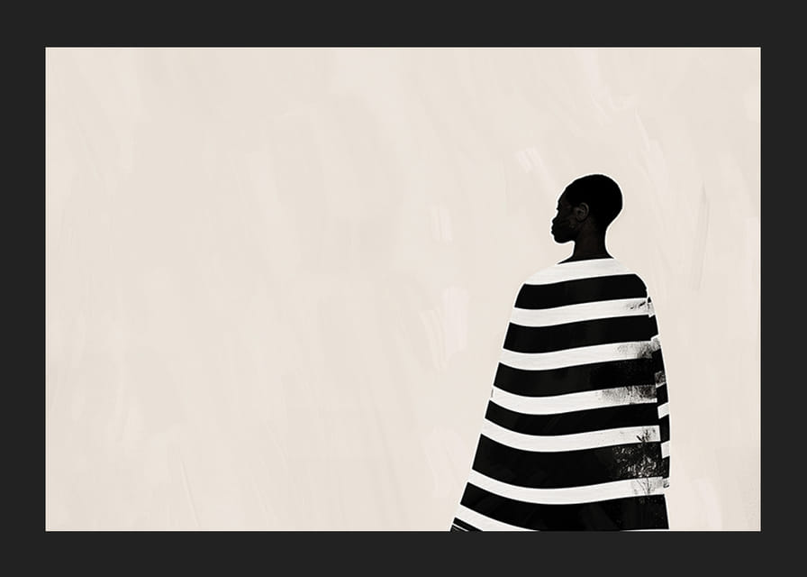 A silhouette wrapped in black and white stripes against a creamy background-12
