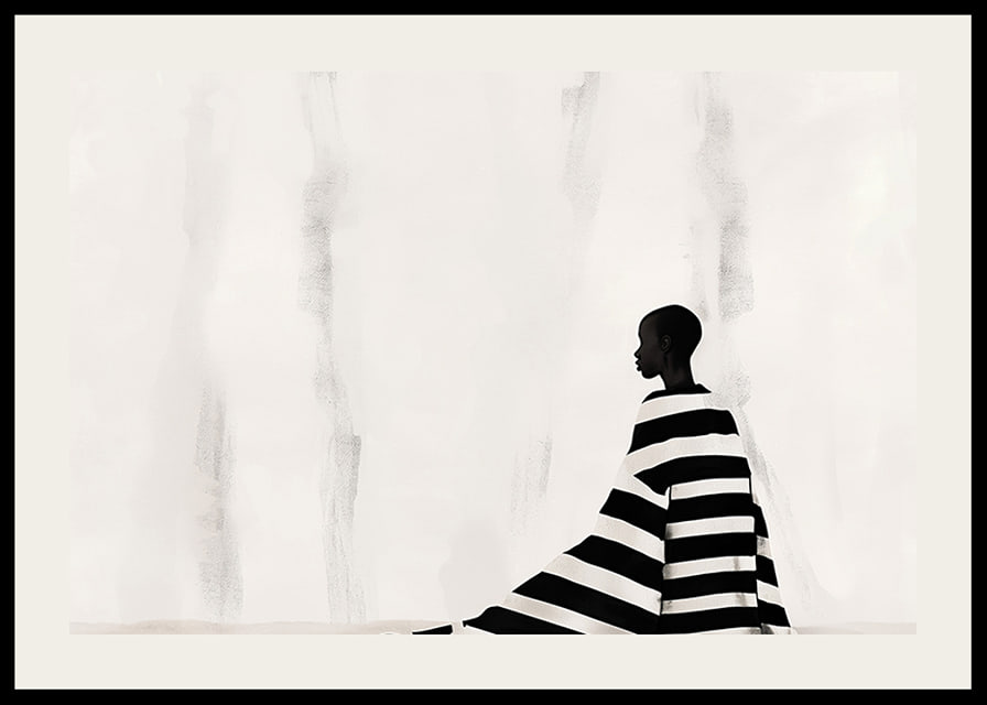 An elegant figure in black and white against a soft background-12