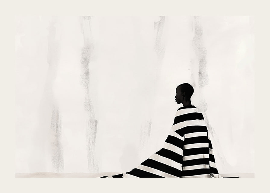 An elegant figure in black and white against a soft background-12