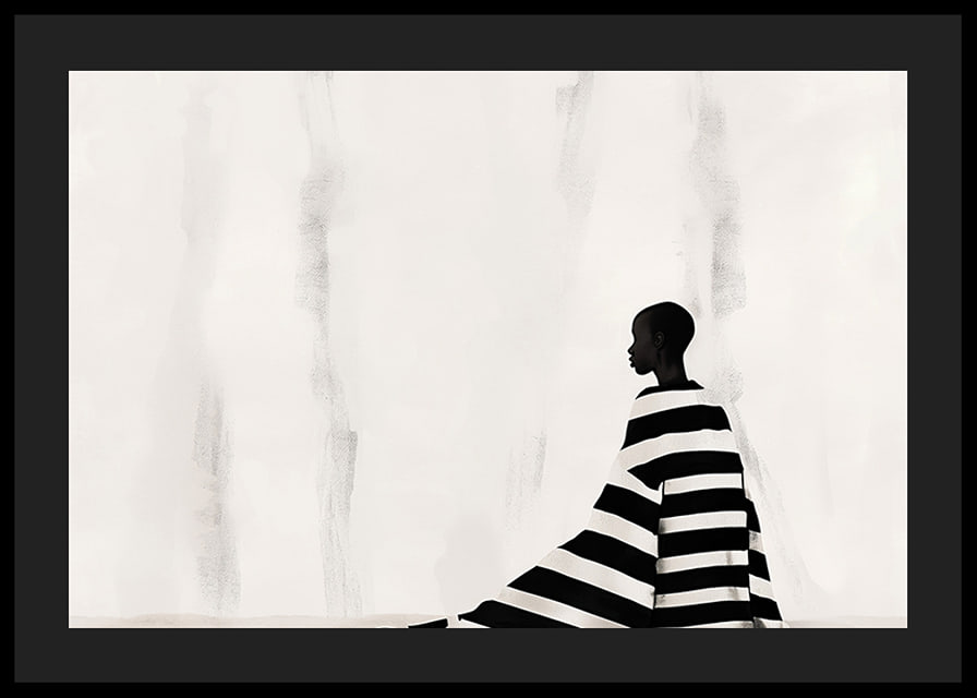 An elegant figure in black and white against a soft background-12