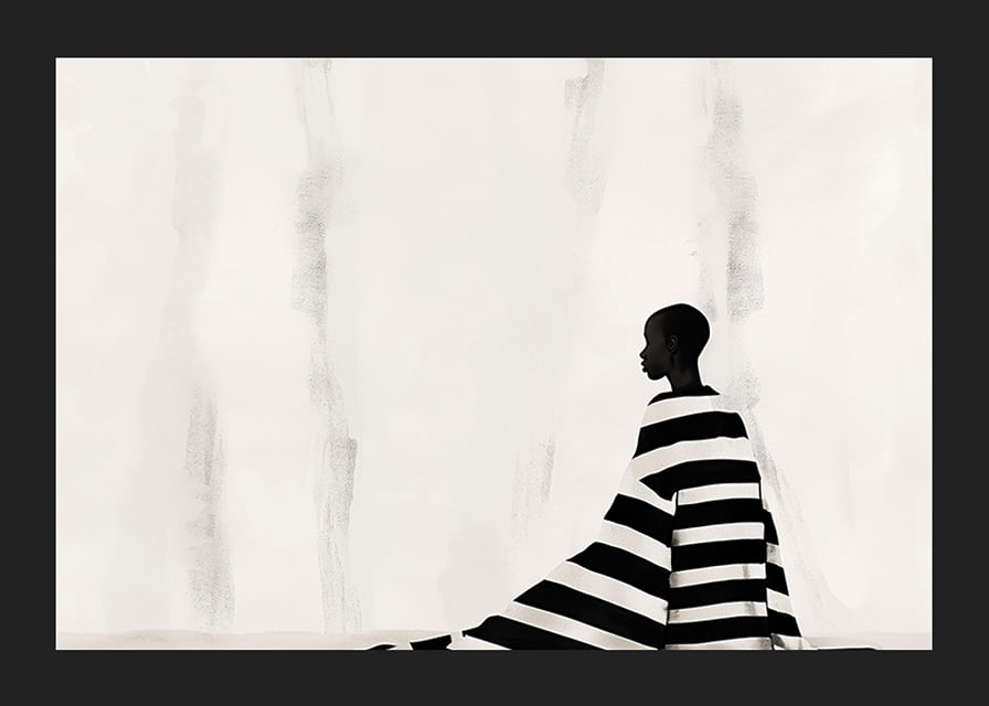 An elegant figure in black and white against a soft background-12