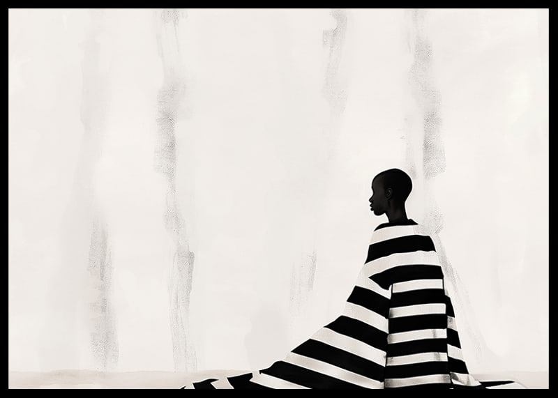 An elegant figure in black and white against a soft background-12