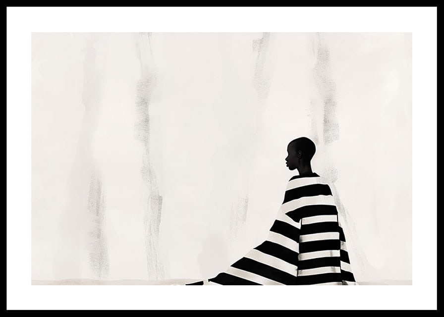 An elegant figure in black and white against a soft background-12