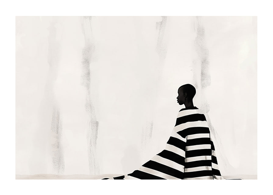 An elegant figure in black and white against a soft background-12