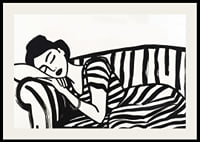 She rests dreamily on a striped sofa in monochrome elegance.-2